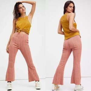 Free People Fine Line High Rise Plaid Flare Boho Ankle Pant in Rust Combo XS NEW